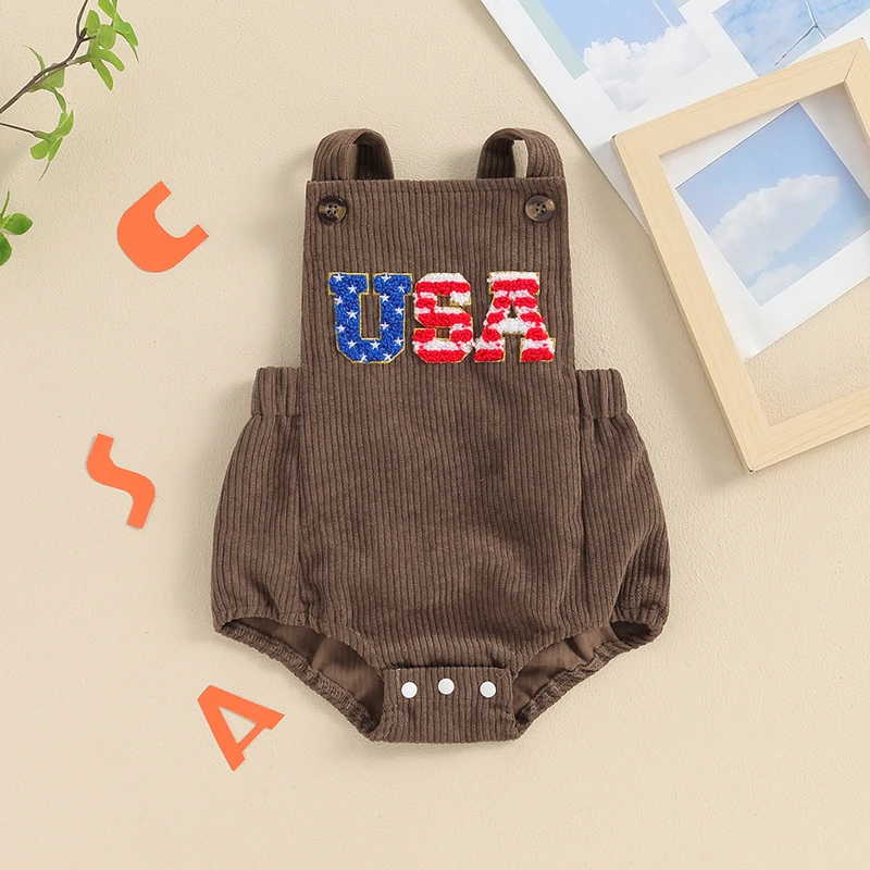 

Suefunskry Infant Baby 4th of July Jumpsuit Letter Embroidery Square Neck Sleeveless Bodysuit Overalls for Boys