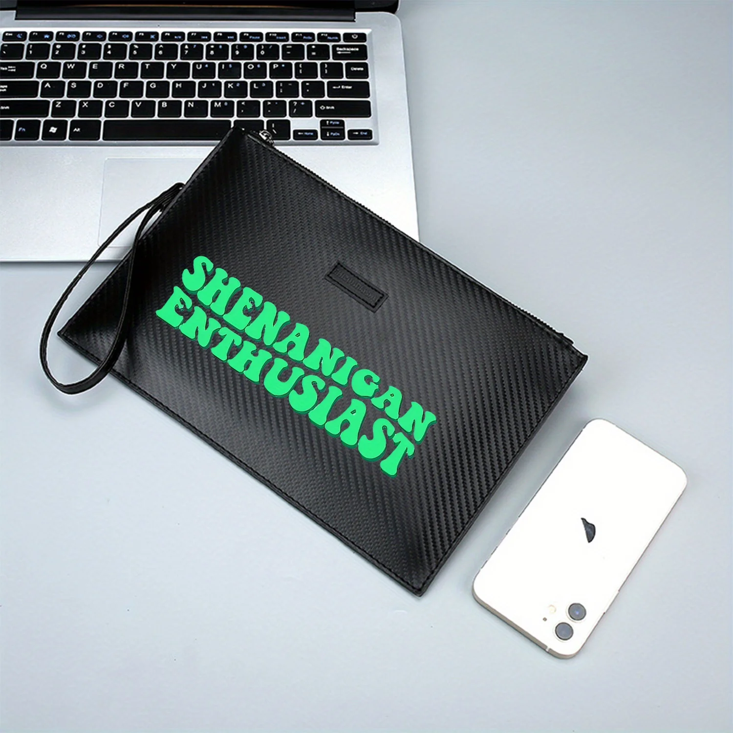 Shenanigan Enthusiast green words on black Elegant Printed PU Men's Handbag Fashionable and Practical for Everyday Carry