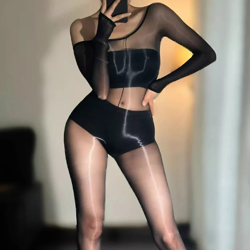 

8D Oil Glossy Sexy Tights Ultra Thin Transparent Bodysuits Shiny Open Crotch Bodystockings Hot Women's Shaping Leotard Lingerie