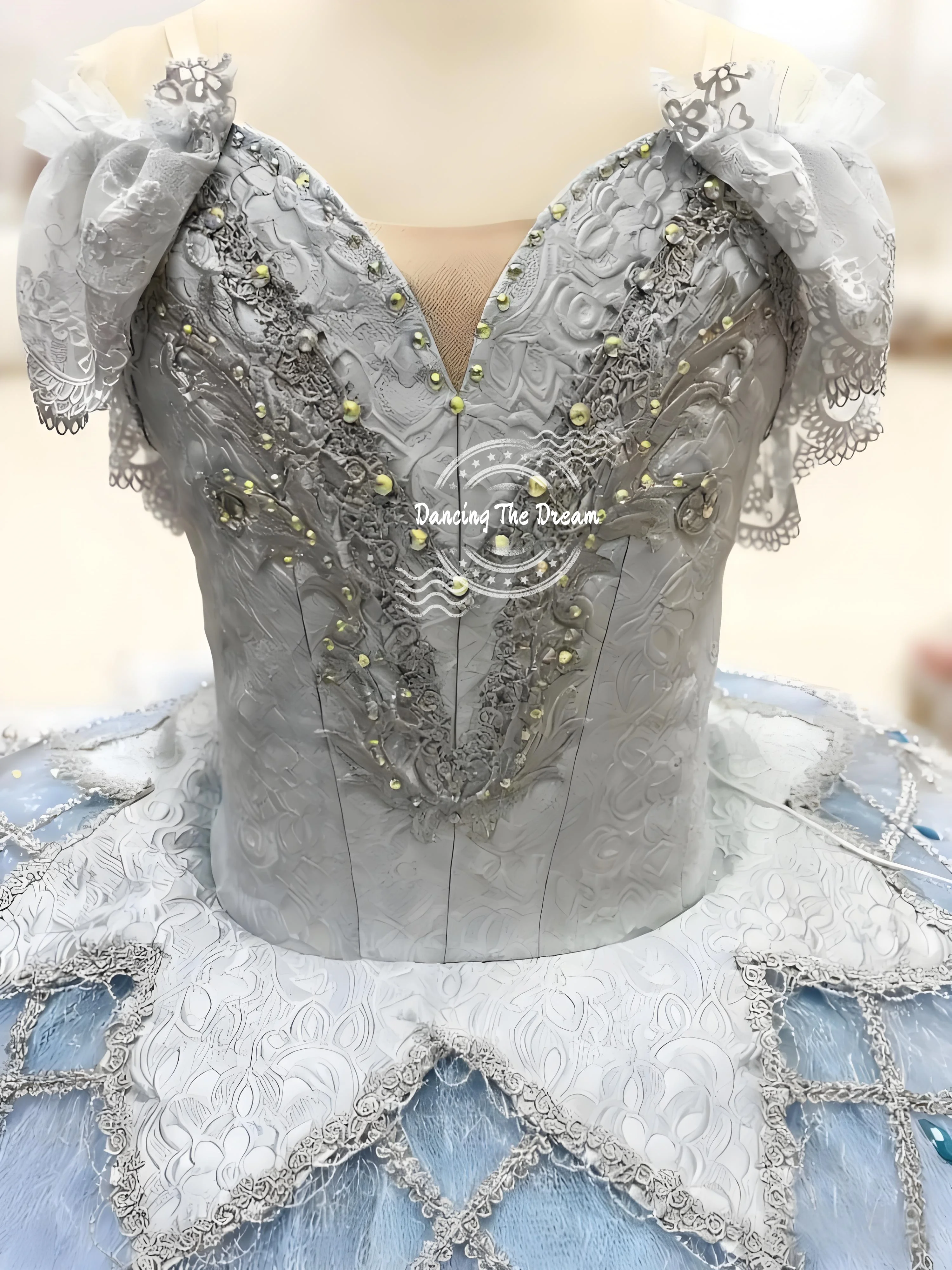 Pale Blue Ombre Lace - Accented Tulle Ballet Dress with Sequins Sky Blue Ombre Satin - Trimmed Tulle Ballet Dress