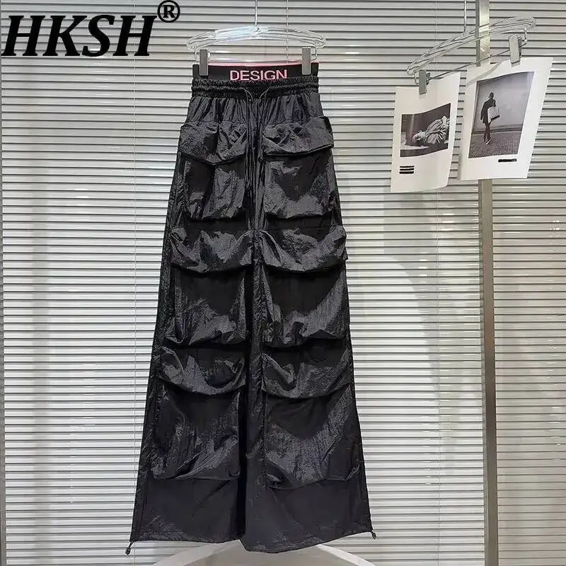HKSH Women Casual Wide Leg Pants Letter Print Drawstring Elastic Waisted Multi-pocket Chic Hip Hop Streetwear New Spring HK19951