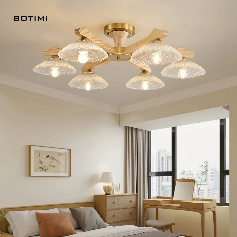 

BOTIMI Solid Wood Chandelier With Glass Lampshades For living Room 6 Light Wooden Lustres Dining Lights Bedroom Lamps