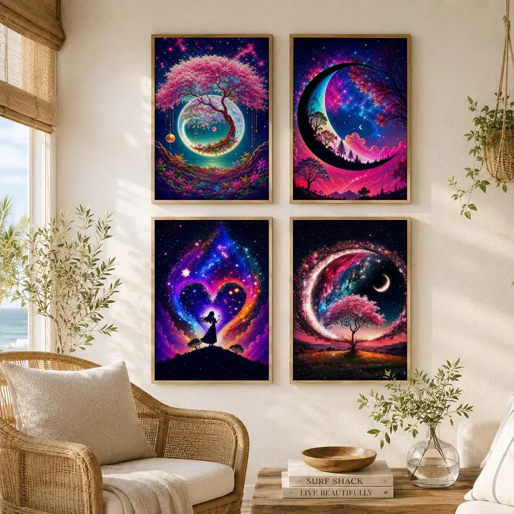 Celestial Sakura Moon Tree Painting Calligraphy High-Quality Canvas Wall Mural Crease-Free For Living Room Bedroom Interiors