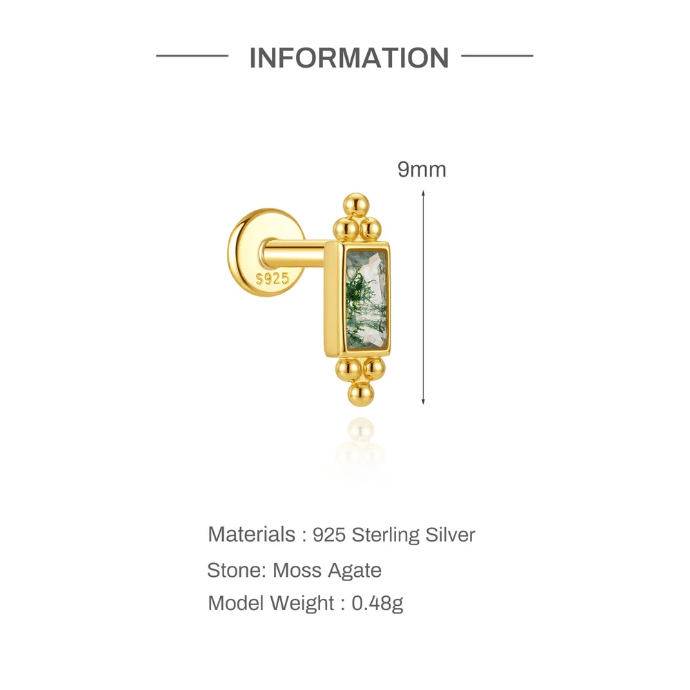 CANNER 1 Stück Sommer Natürlicher Wassergras-Achat Pferdeauge 925 Sterling Silber Flachkopf Piercing Ohrstecker für Damen INS Ohrring – Detail 13