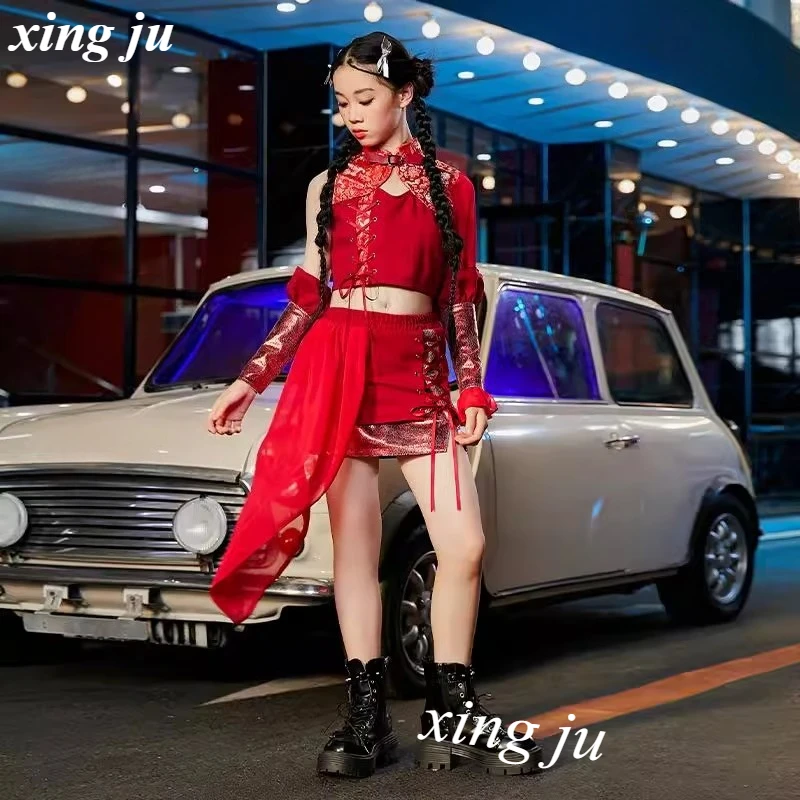 Mädchen Jazz Dance Anzug Mode Leistung Kleidung Kpop Dance Gruppe Hip Hop Outfits Sommer Rot Tops Röcke Street Dance Kostüme