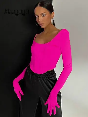 Ahagaga Streetwear Mode Sexiga Långärmade Handskar T-shirts Dam Regular Casual Enfärgad Rygglös Fyrkantig Krage Slim Skinny Toppar 8 best sales långärmad t-shirt med handskar - №3
