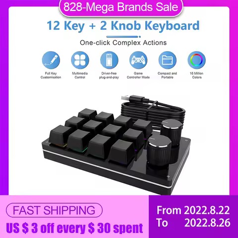 Macro Keyboard 12 Key 2 Knob Mechanical Keyboard Hot Swap Custom Keypad One-handed Keypad Mini Gaming Keyboard Mini Keyboard