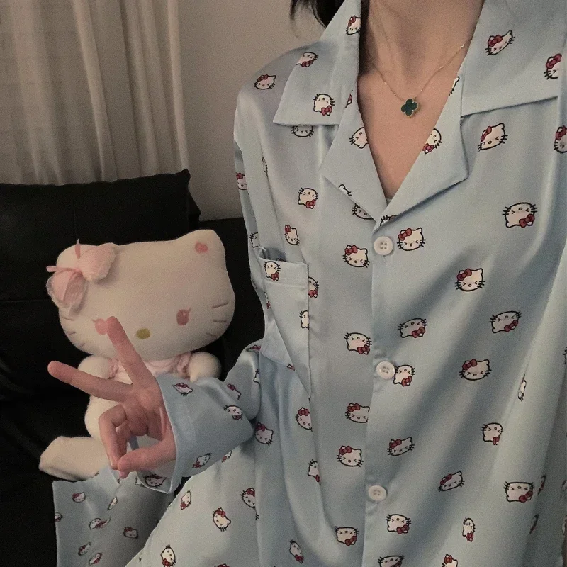 

Sanrio Hello Kitty Silk Pajamas Women's Autumn Cotton Long Pants Ice Silk Two-piece Set Women's Homewear Pajamas Pants Set