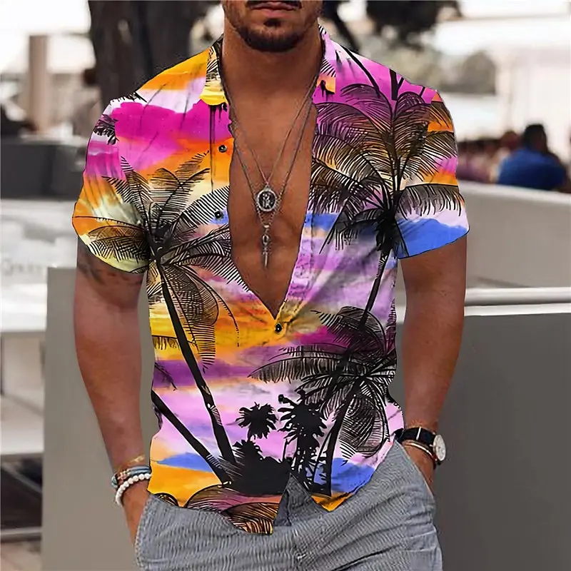 Hawaiian shirt coconut tree pattern printed shirt outdoor street short sleeve button clothing fashion design comfortable fabric