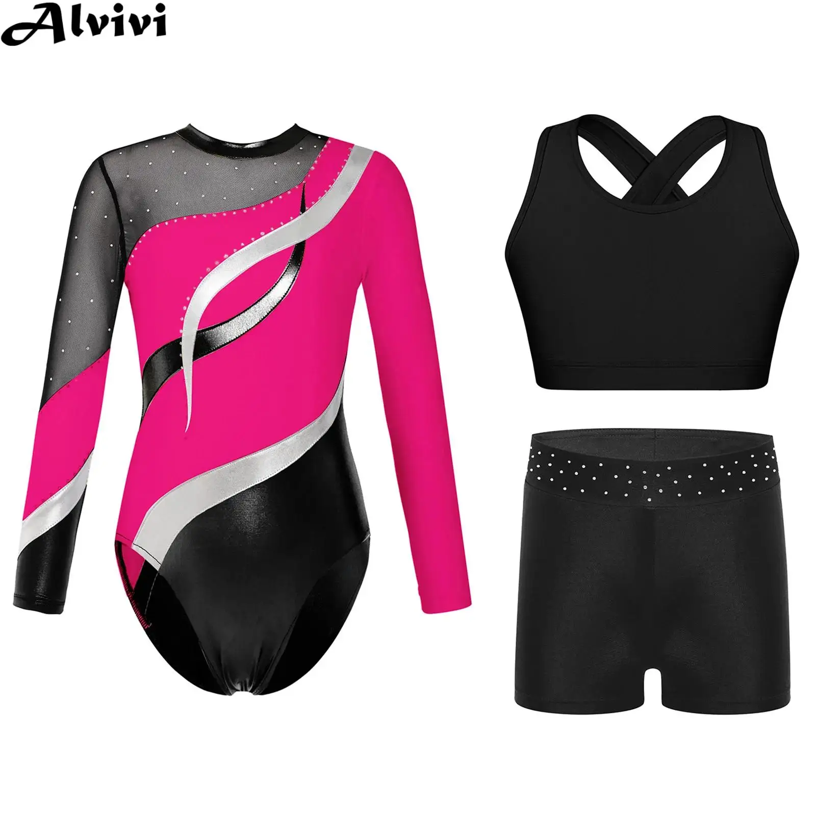 Kids Girls Long Sleeve Ballet Dance Leotard with Vest Shorts Gymnastics Yoga Figure Skating Acrobatics Sports Fitness Outfit