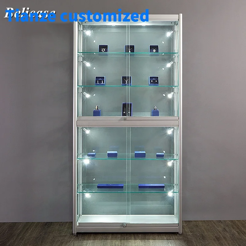 

(customized)Multi-purpose Aluminum Glass Display Cabinet Lockable Showcase with LED Light Phone Display Counter