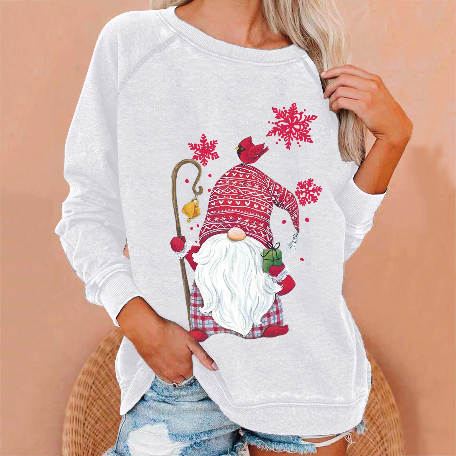 سانتا كلوز المرأة البلوز عادية سليم صالح كم طويل س الرقبة طباعة هوديي ندفة الثلج عيد الميلاد سترة البلوز القمصان #2