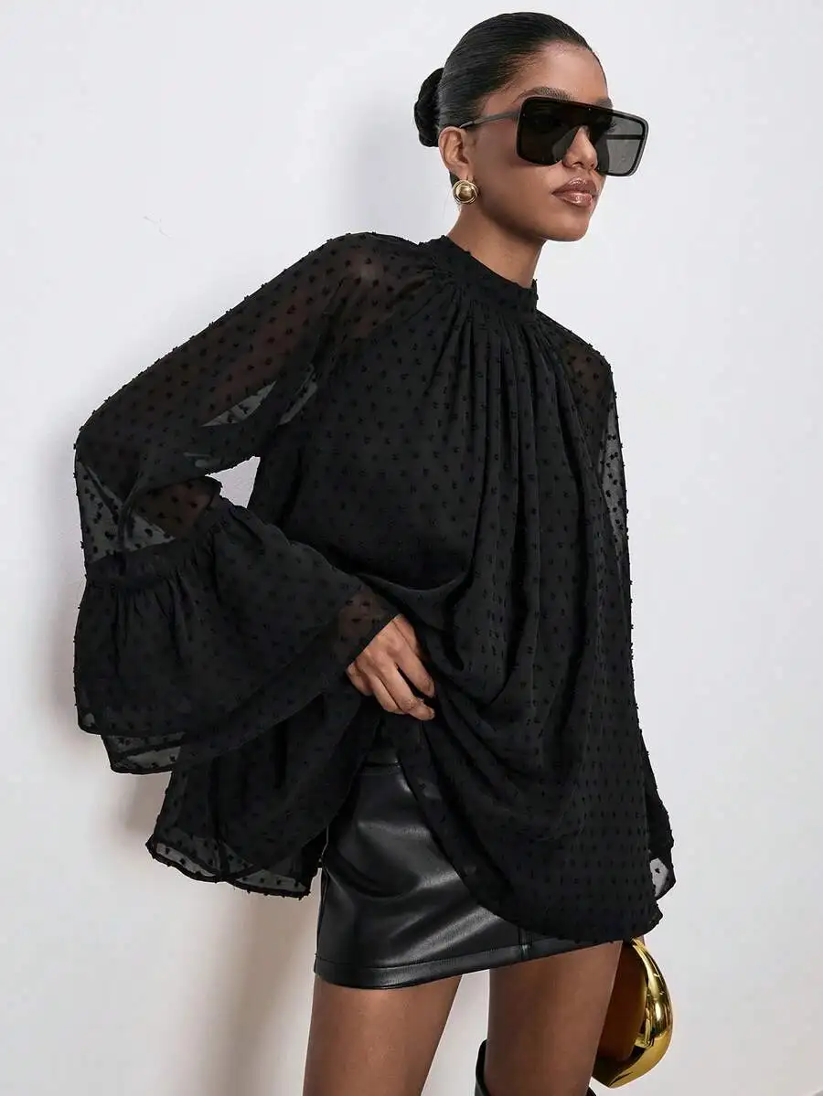 

Black Polka Dot Sheer Blouse with Ruffled High Neck and Flare Sleeves
