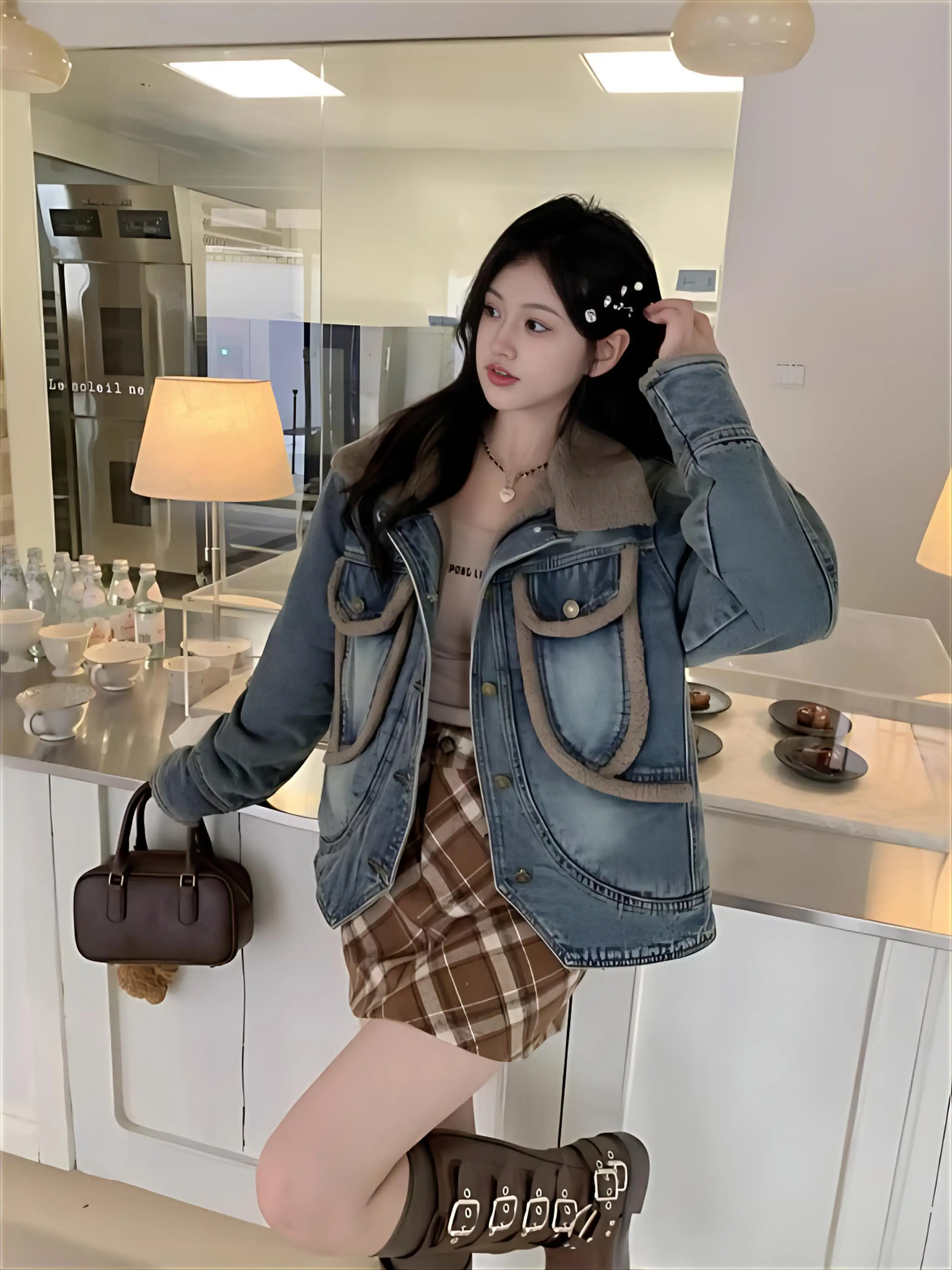 

Джинсовое пальто с капюшоном, меховая плюшевая женская осенняя облегающая куртка против морщин с воротником-стойкой в консервативном стиле, повседневные пушистые куртки на кнопках