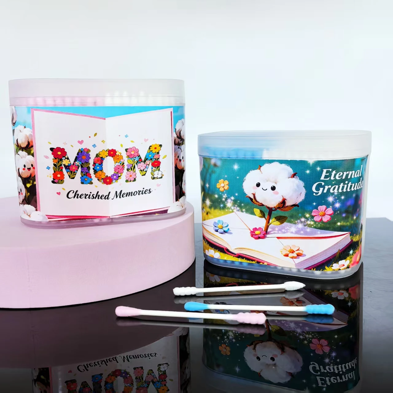 300 قطعة/600 قطعة مسحات قطنية تحت عنوان عيد الأم، أعواد قطنية برأسين بلونين، مسحات قطنية هدية عيد الأم