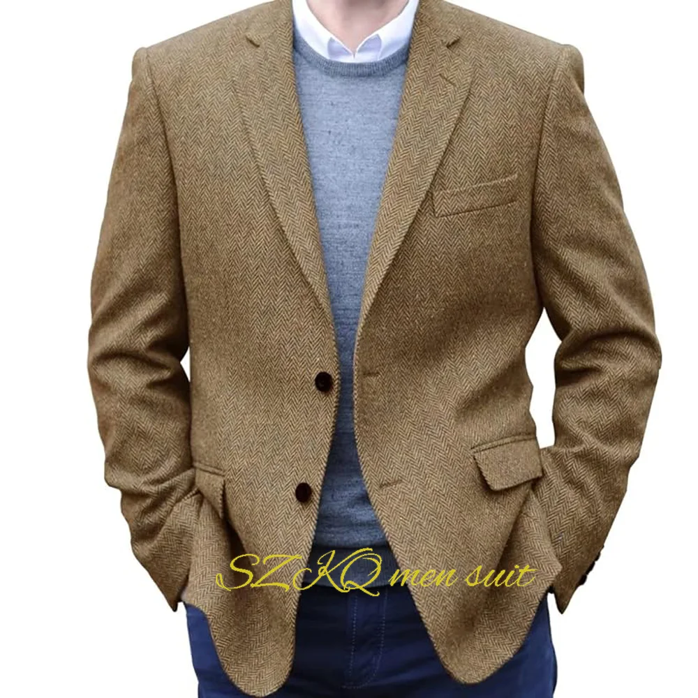 Men\'s Herringbone Tweed Blazer Jacket 2 Button Lightweight Casual Sport Coat Wedding Groomsmen Prom Jackets