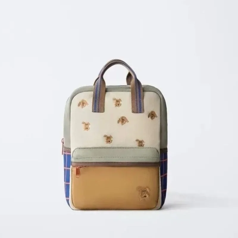 Fashion Popular Cartoon Cute Teddy Bear Embroidery Unisex Backpack Plaid Patchwork Student School Bag Fashion Casual Backpack