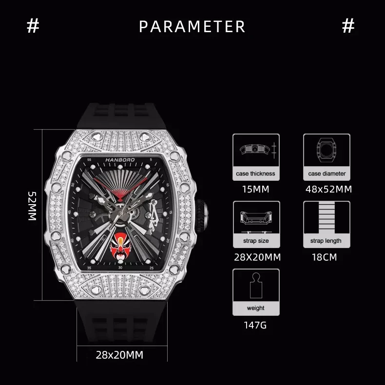 Мужские автоматические часы HANBORO, роскошные механические наручные часы, водонепроницаемые светящиеся Tonneau чехол, изменение макияжа лица 6 раз в 4 часа