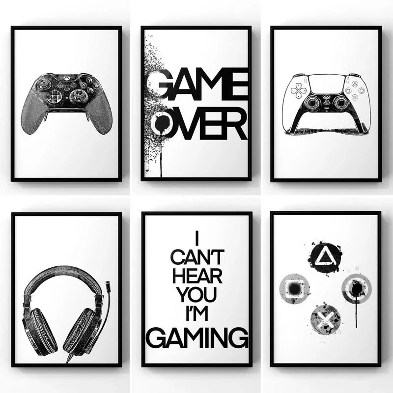 Black and White Earphone Gamepad Canvas Painting Boys Game Illustration Poster Wall Art Picture for Gamer Kids Room Decoratio