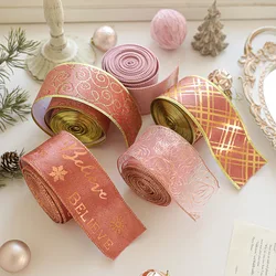 2m Christmas Pink Ribbon Gold Xmas Tree Pattern Navidad Padent for DIY Handmade Bow Natale New Year Gift Packing Craft Supplies