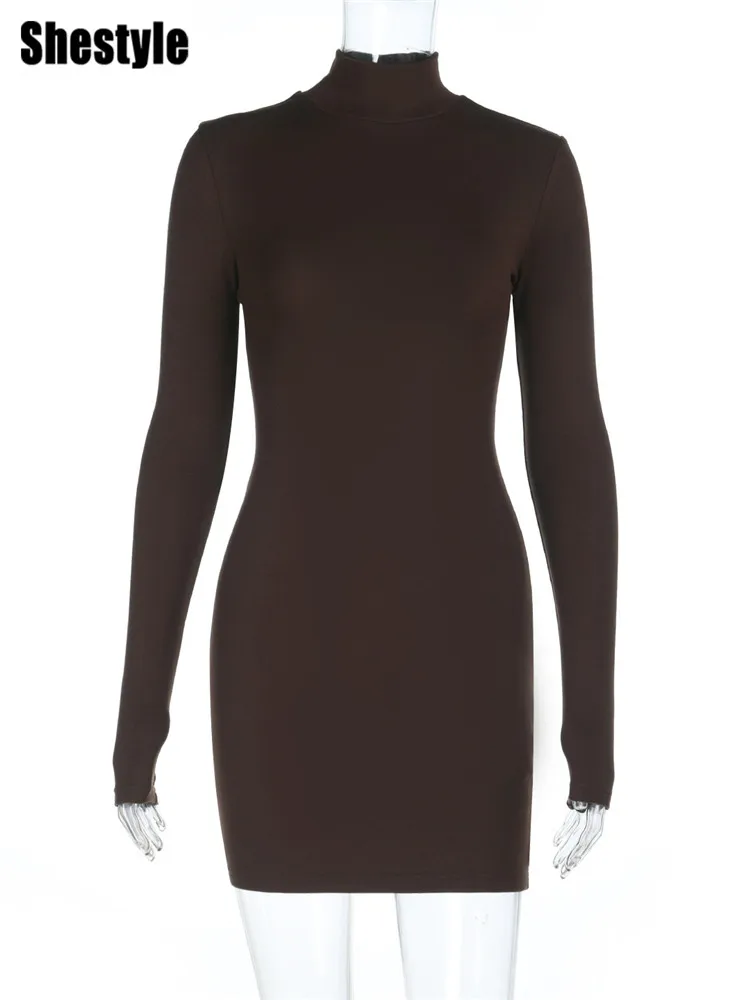 Shestyle Backless Women Brown Sheath Women Dress Cross Bandage Hollow Out Turtleneck Full Sleeve Slim Bodycon Sheath Hot 2026
