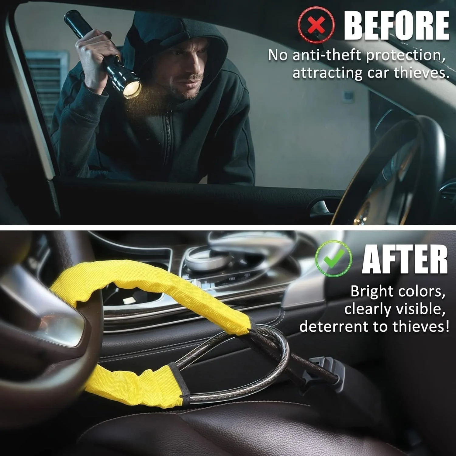 Three keys included with orange steering wheel anti-theft lock