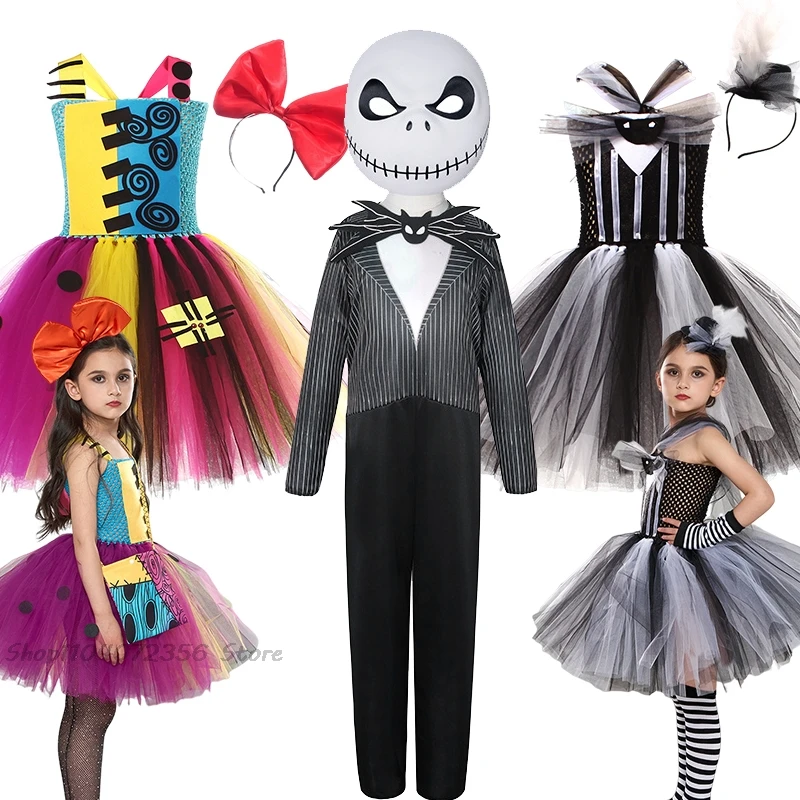 Kids Girls Jack Skellington Halloween Cosplay Costumes Girl Nightmare Clothes Suit Kid Sally Witch Cosplay Fancy Cosplay Clothes