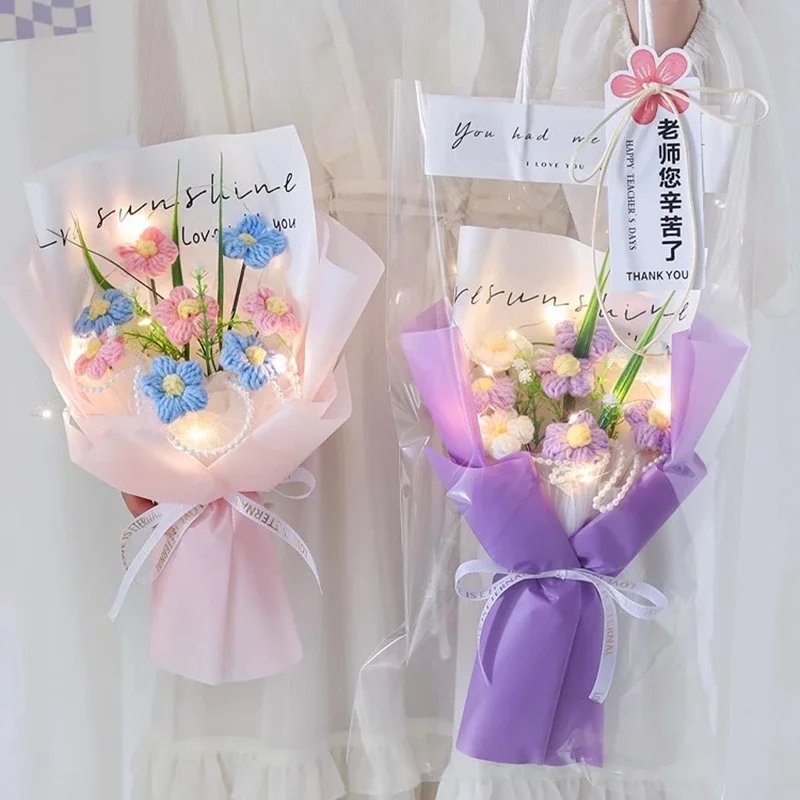 San Valentine Flower Bouquet Crochet Flowers with Light Strings LED Artificial Woven Flowers Graduation Flowers Bouquet 졸업