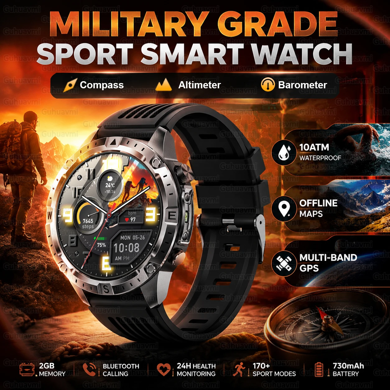 Montre connectée militaire 2026 pour homme avec GPS, cartes hors ligne, étanchéité 10 ATM, batterie 730 mAh, appels Bluetooth, boussole, altimètre, baromètre, bracelet sport