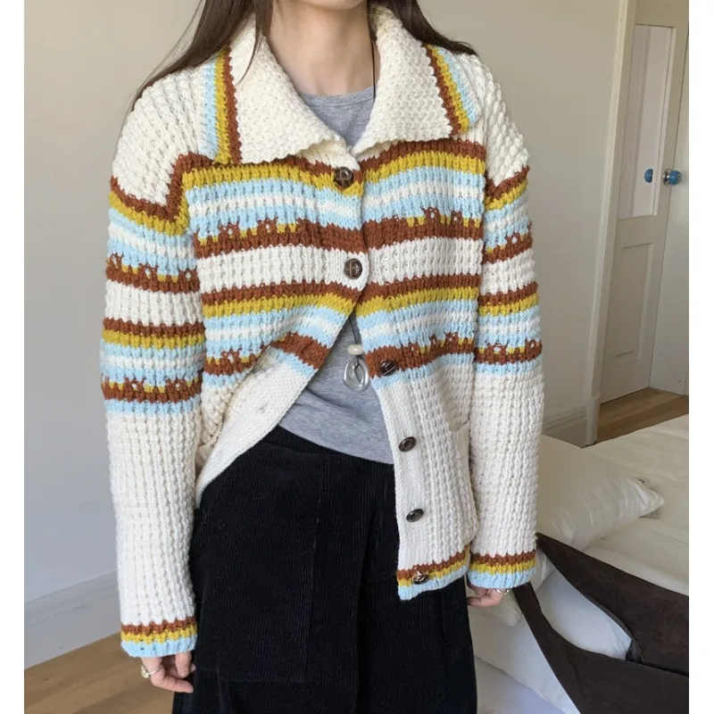 

Thiened вязаный кардиган женский шикарный ретро ленивый отложной воротник на одной пуговице цветной полосатый длинный све обычной длины