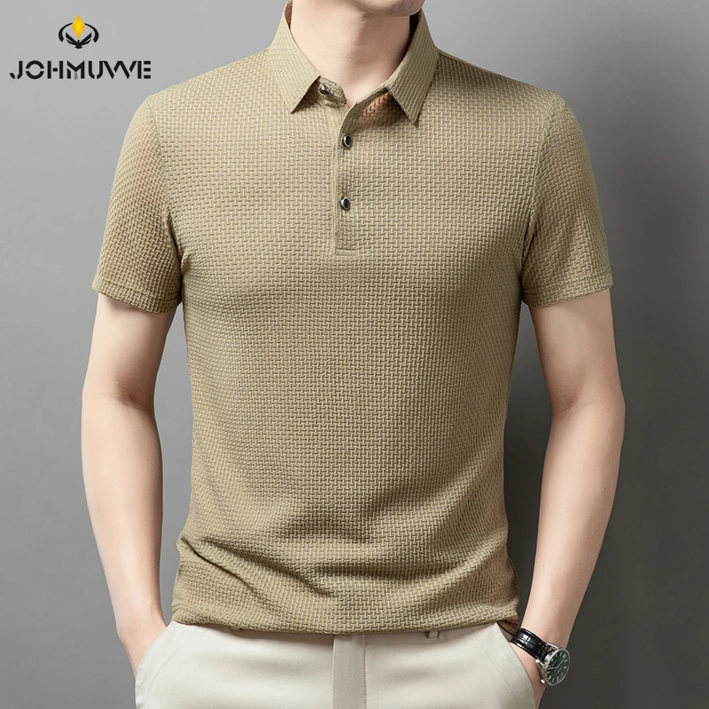 New Men's Checkered Short Sleeved Solid Color POLO Shirt Breathable and Comfortable Elastic Top