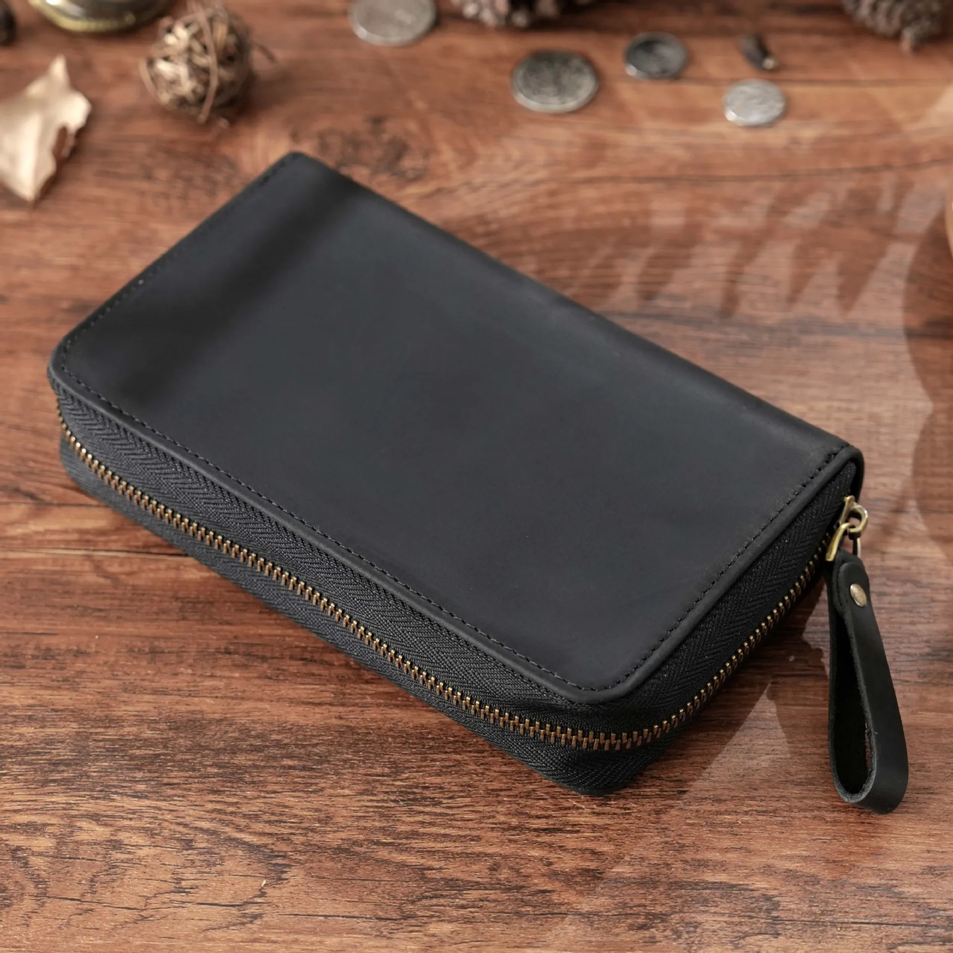 Etui na długopisy z prawdziwej skóry Crazy Horse, 10 przegródek, zapinane na zamek, w stylu vintage, organizer na pióra wieczne (18,5x11,5x4 cm) — zdjęcie produktu 2