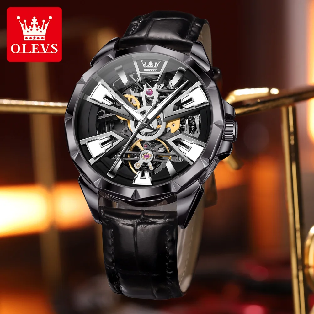 ساعة OLEVS 7051 للرجال ساعة ميكانيكية أوتوماتيكية مجوفة للرجال بحزام جلدي موضة أصلية مقاومة للماء ساعات يد مضيئة