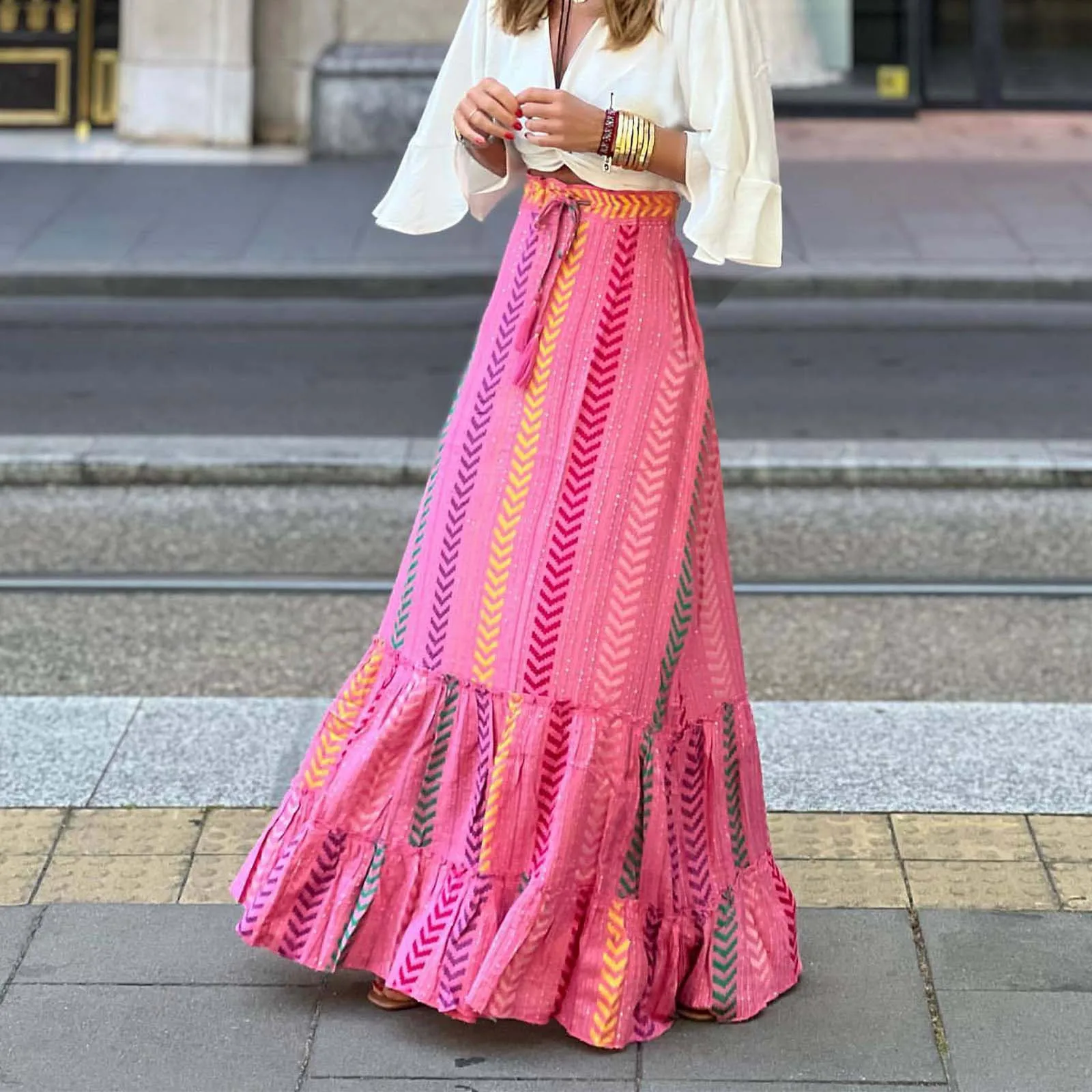 Falda holgada de cintura alta con estampado de patrón Vintage, novedad de verano, media falda informal para mujer, faldas largas de playa que combinan con todo, 2025