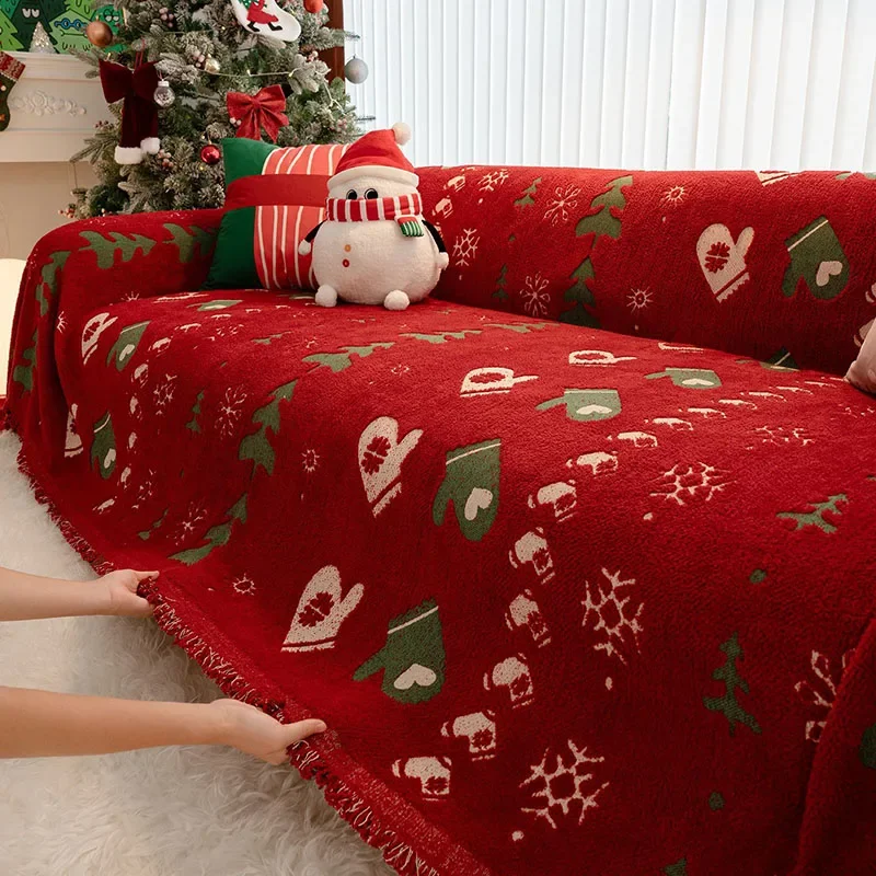 Red Christmas Thick Velvet Sofa Towel Soft Chenille Printed Sofa Cover for Living Room 1/2 Seater Anti-Scratch Couch Protector