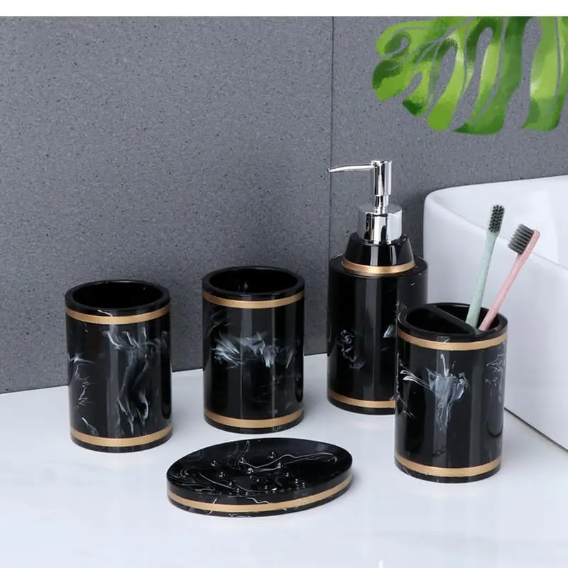 Marble-like Texture Bathroom Products, Resin Soap Dispenser, Toothbrush Holder, Tray, Mouthwash Cup, Accessories Set