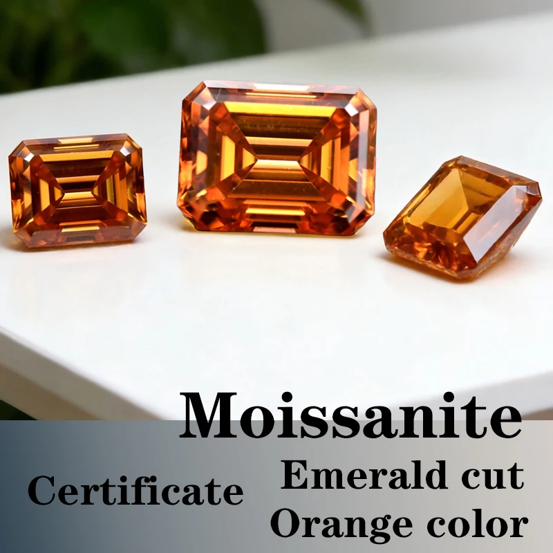 

Moissanite Stone VVS1 Emerald Cut Orange Color Certificate Synthetic Gemstone