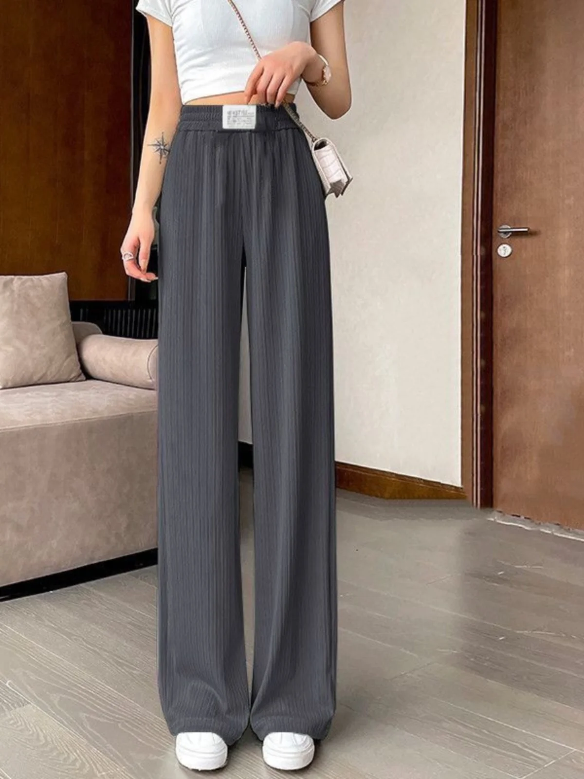High Quali Ice Silk Wide Leg Pants Women's Summer Thin Casual Loose plus Size Drapey Straight Tube Pants Trendy