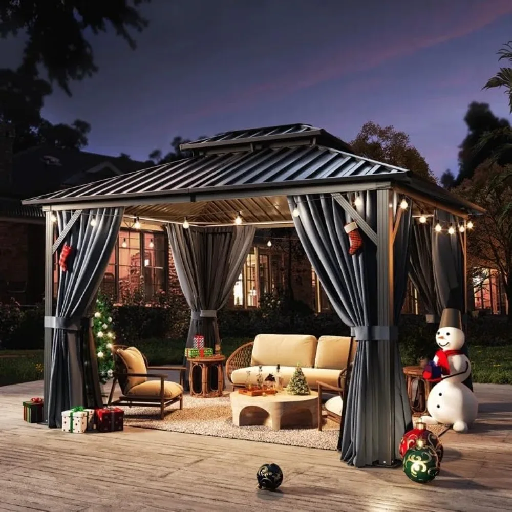 

10X12ft Gazebo, Outdoor Aluminum Gazebos with Galvanized Steel Double Roof, Permanent Metal Pavilion with Netting, Gazebo