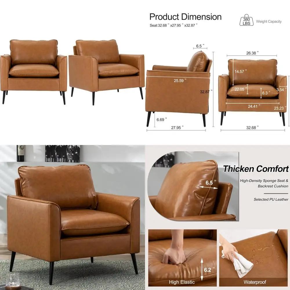 pair of modern leather chairs, oversize living room armchairs, mid-century bedroom reading chair, comfortable upholstered seatin