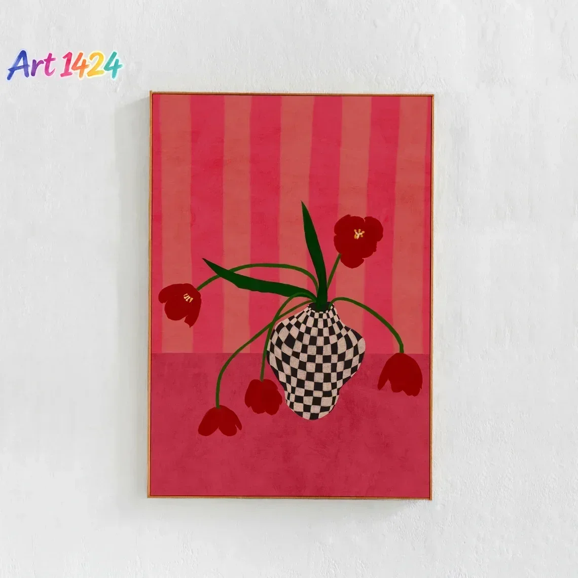 Contemporary, eclectic wall decor in Berry Pink tones  ART Canvas Print, Tulips in a Checkered Vase Printable Art Floral Di