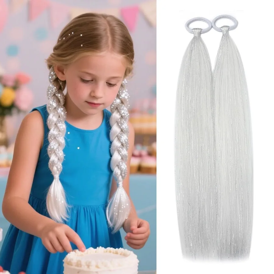 وصلات شعر بيضاء لتمديد ذيل حصان 2 حزم 20 بوصة إكسسوارات يوم الشعر المجنون للفتيات لتقوم بها بنفسك مهرجان أحمق الهذيان جديلة