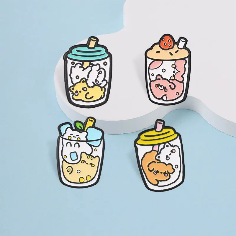 Niedliche Bubble-Tea-Tier-Emaille-Abzeichen, Cartoon-Getränkebecher-Anstecker, liebenswerte Haustier-Charakter-Broschen, Reversnadel-Set, Geschenk für Freunde – Detail 6