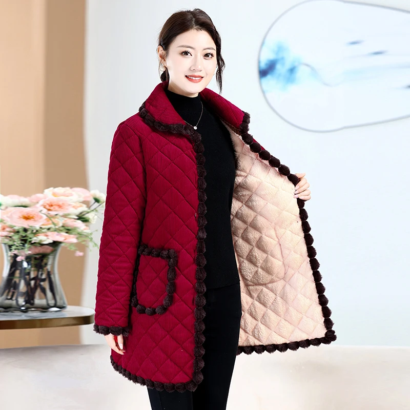 

Warm Fce Lined Corduroy Jaet Coat for Mom Middle-Aged Women Loose Fit Medium-Length Stand Collar Cotton Outerwear