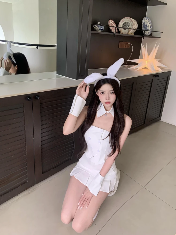 

Сексуальный школьный комплект костюмов для девочек-кроликов на Хэллоуин, наряд Pure Desire, белый кролик, женский модный комплект с юбкой и топом