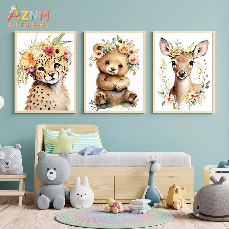 AZNM Watercolor Floral Crown Animal Canvas Print Rabbit Deer Cow Owl Tiger Fox Unicorn Koala Pastel Woodland Kids Nursery Bedroo