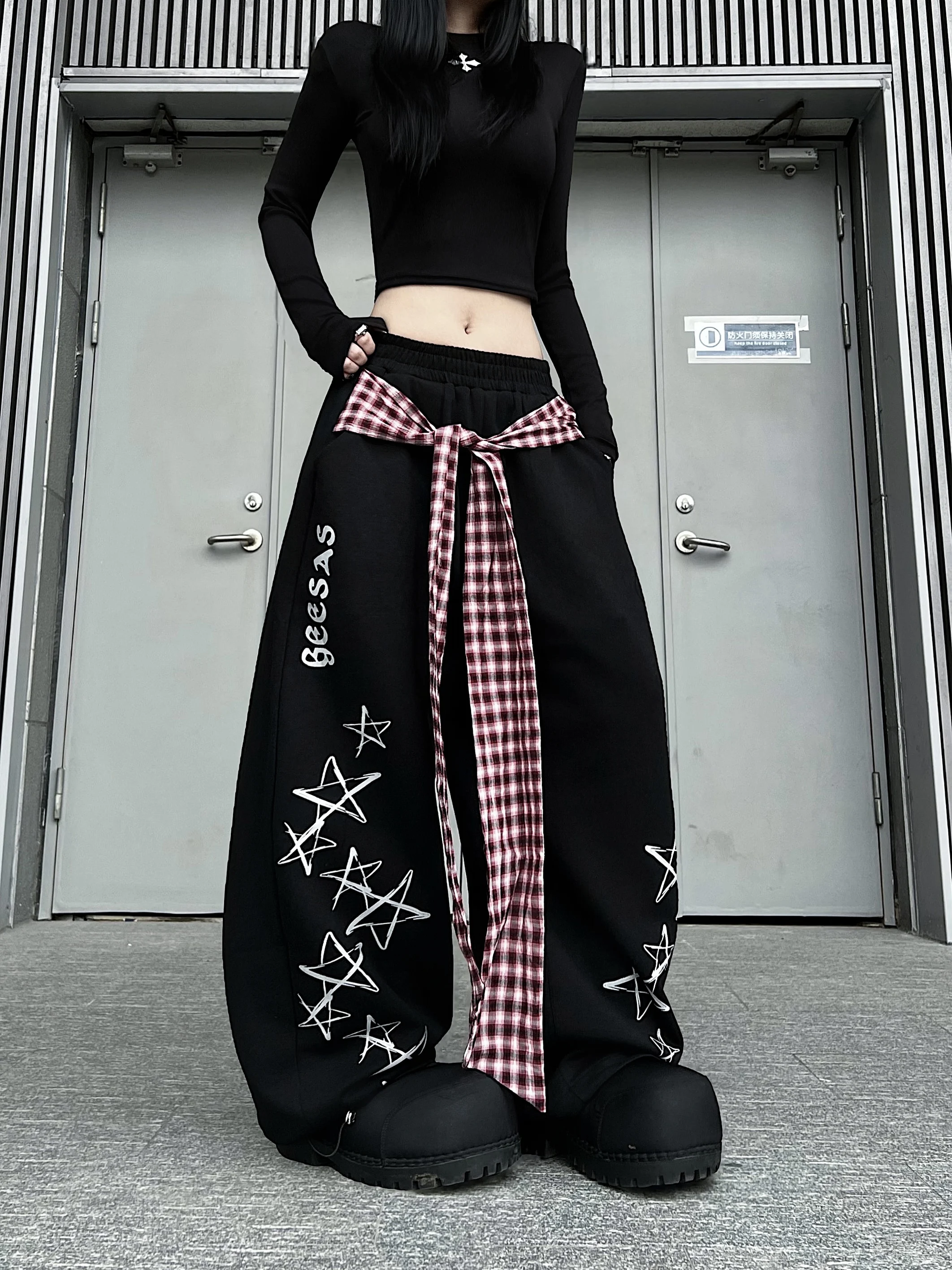 

American Plaid Belted Patchwork Wide Leg Casual Pants Hip Hop Loose Fit Sweatpants Street Sle Elastic Waist Trousers