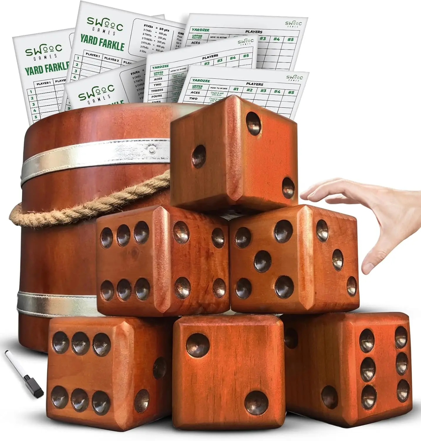 

Games - Yardzee, Farkle & 20+ Giant Dice Games (All Weather) Yard Dice with Wooden Bucket, 5 Scorecards & Marker - Jumbo D