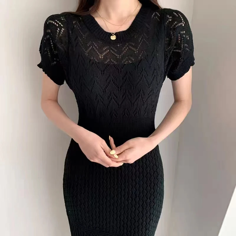 Korean Fashion Summer Dress Women Knitted Hollow Out Short Sleeve O-neck Slim Elegant Long Dresses Office Lady Vestidos Clothing