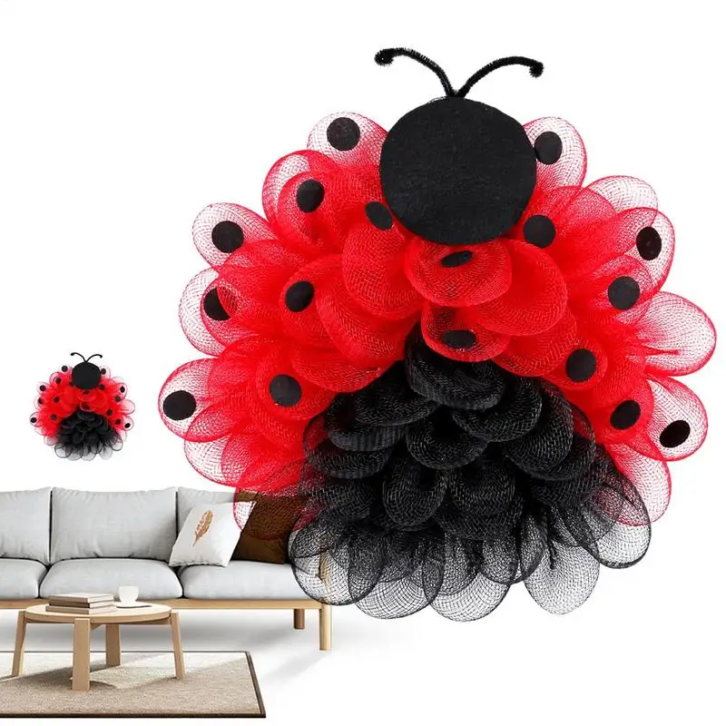

Ladybug Wreath Red Black Mesh Door Hanger Sign Artificial Ladybug Garland For Outdoor Home Farmhouse Window Porch Decor